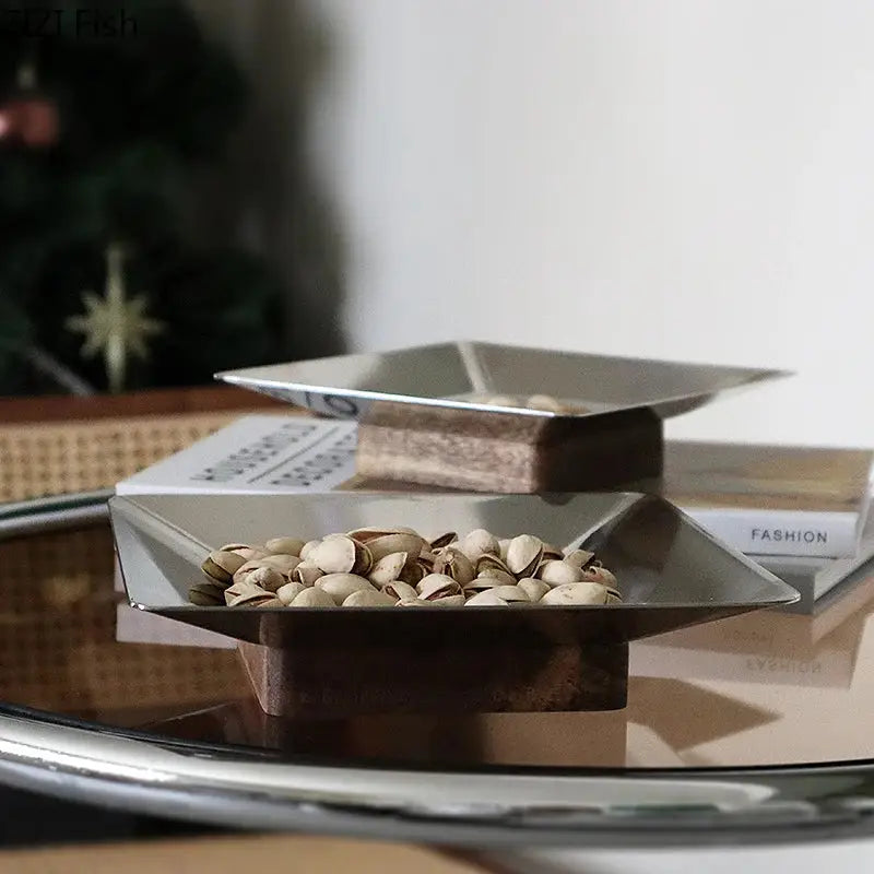Modern square metallic and dark wood fruit bowl trays with wooden bases for living room use
