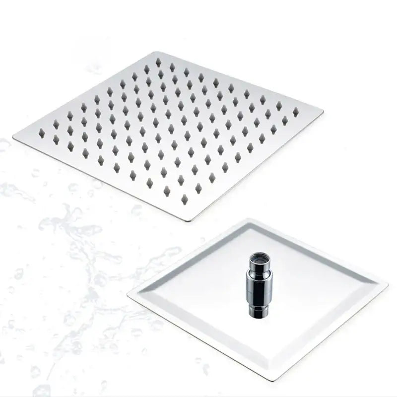 Modern square rain shower head in chrome with grid of small nozzles and matching mounting adapter for bathroom use