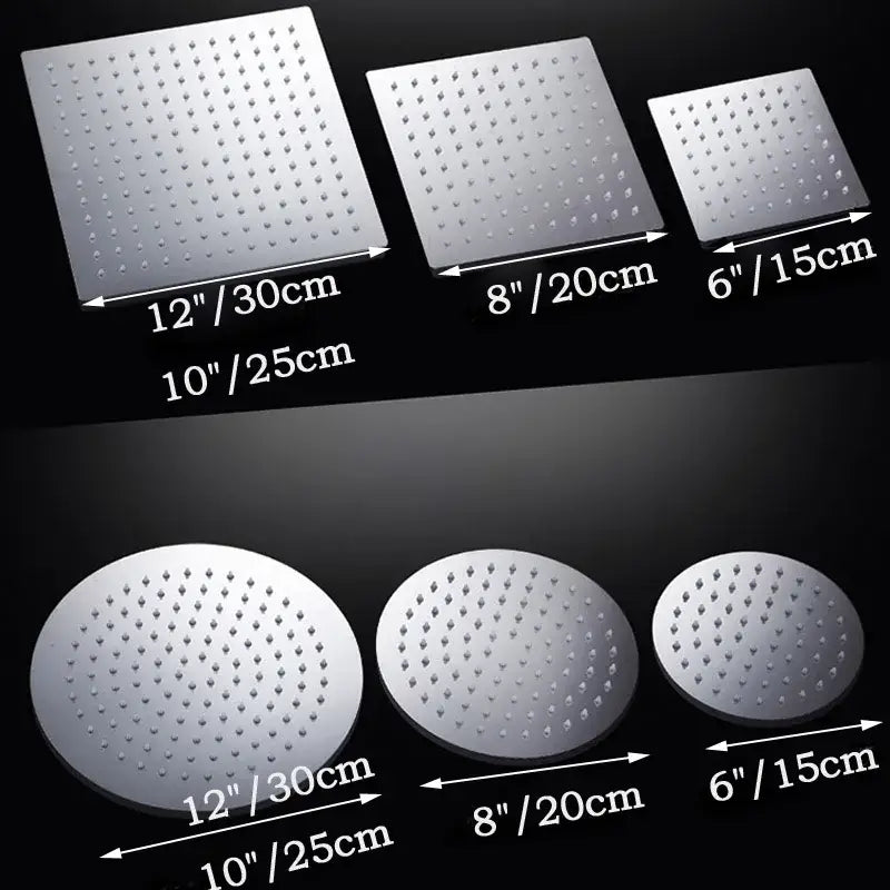Silver chrome modern square rain shower head with perforated round and square panels for bathroom use