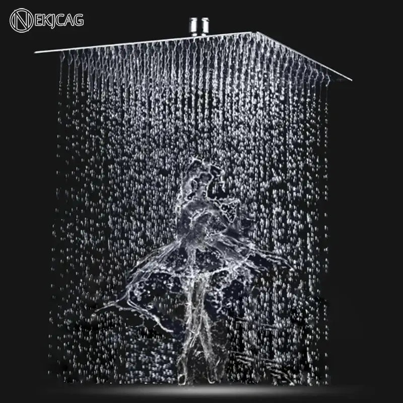 Modern square rain shower head in chrome finish with multiple water jets creating a cascading rainfall effect