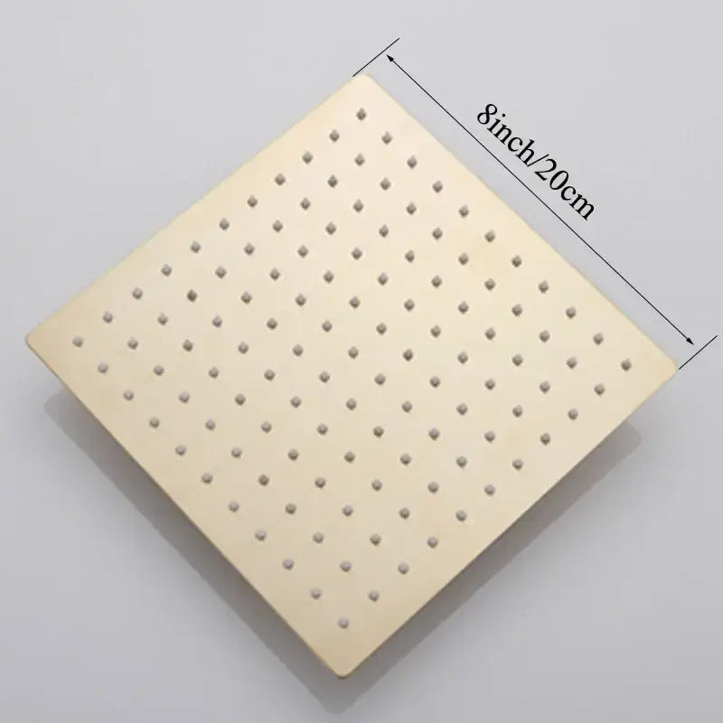 Modern square rain shower head with brass-colored metal pegboard design, 8-inch rain shower head for bathroom use