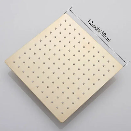 Modern square rain shower head in chrome with a cream-colored metal pegboard 12 inch square rain shower design