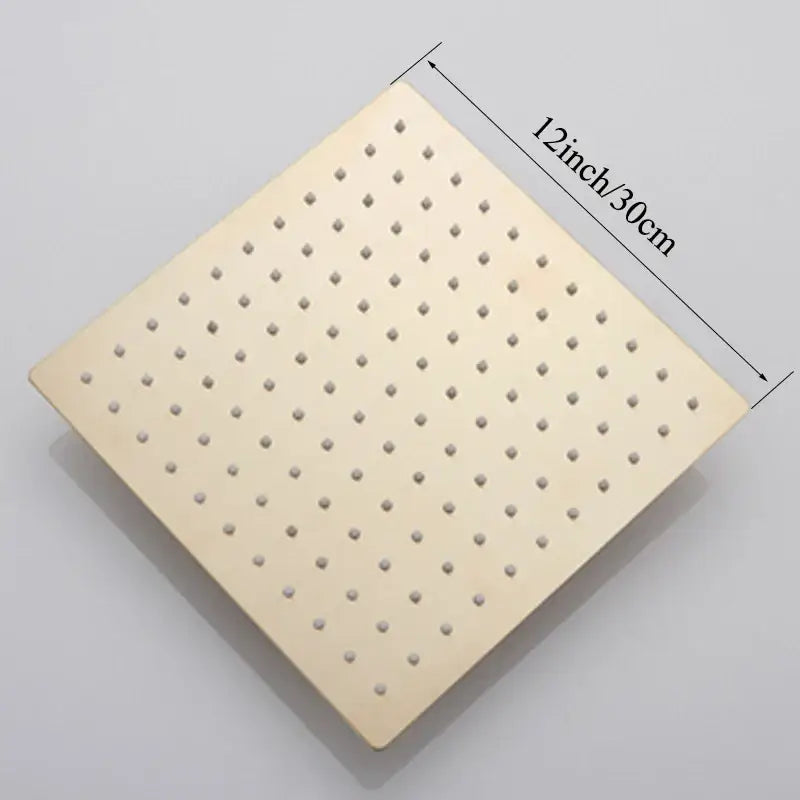 Modern square rain shower head in chrome with a cream-colored metal pegboard 12 inch square rain shower design
