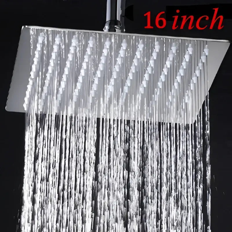 A sleek 16-inch square rain shower head in brushed stainless steel with multiple water jets for modern bathrooms