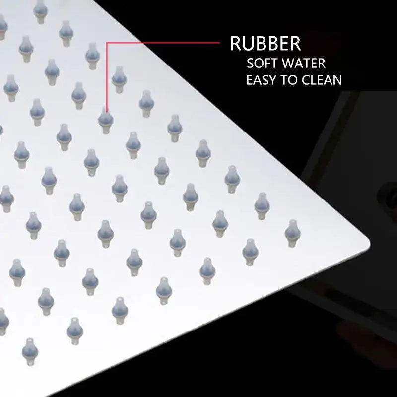 White rectangular shower head with translucent blue rubber nozzles for a modern square rain shower bathroom sprayer