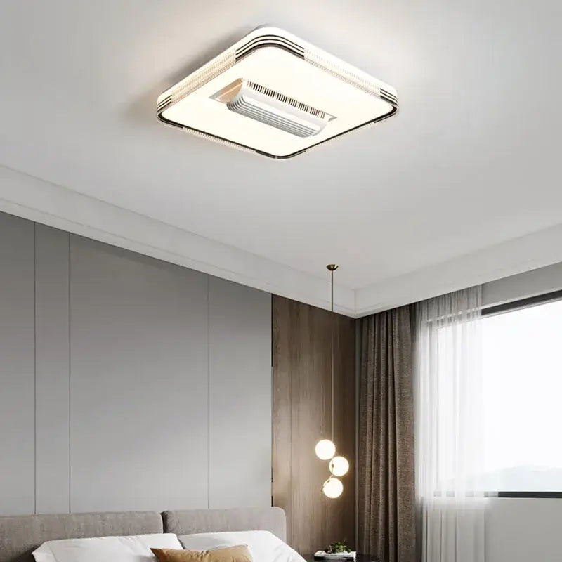 Modern square white and chrome ceiling fan light with integrated led lighting and central air conditioning unit for bedroom