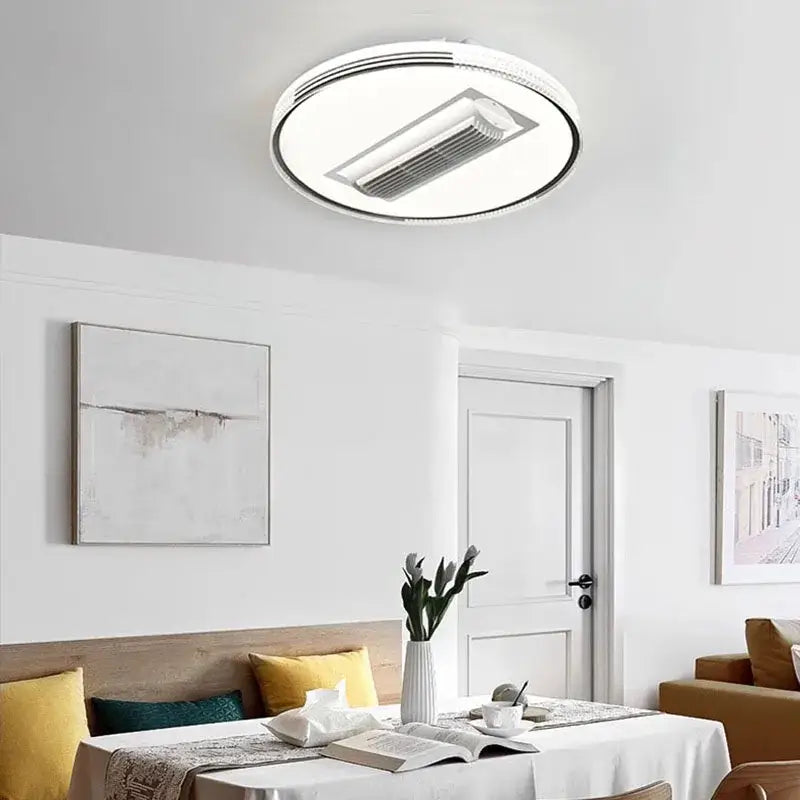 Modern square white and chrome ceiling fan light with circular LED fixture and integrated air conditioning unit