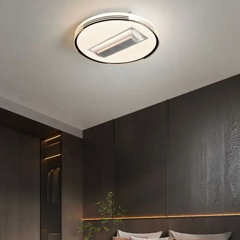 Modern square white and chrome ceiling fan light with a circular ceiling-mounted air conditioner and integrated led panel