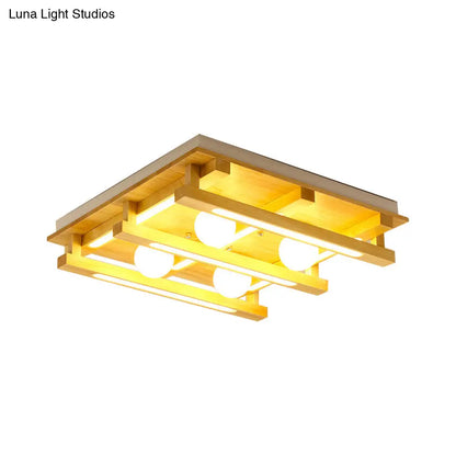 DecorBites™ DecorBites™ Modern Square Wood Flush Mount Lamp with LED Lights - Brown Flush Mount Ceiling Light Fixture with White Glass Ball Shade in White/Warm Light