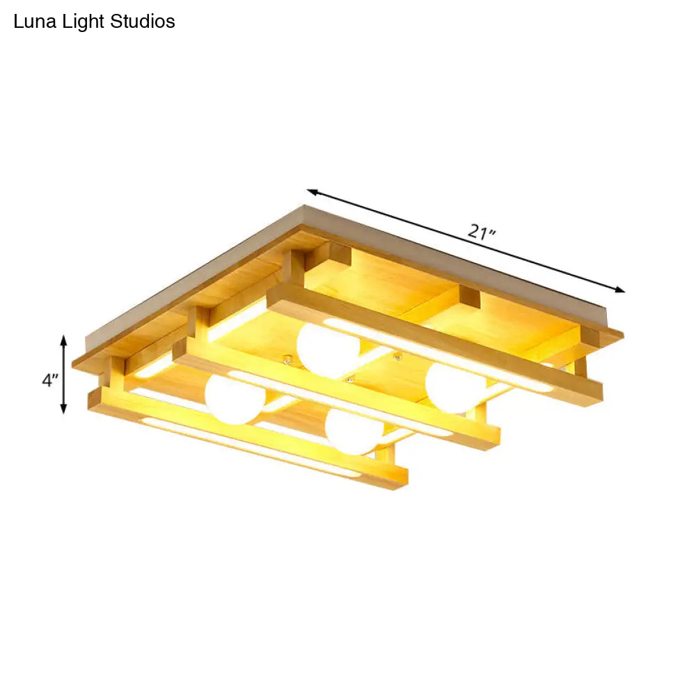 DecorBites™ DecorBites™ Modern Square Wood Flush Mount Lamp with LED Lights - Brown Flush Mount Ceiling Light Fixture with White Glass Ball Shade in White/Warm Light
