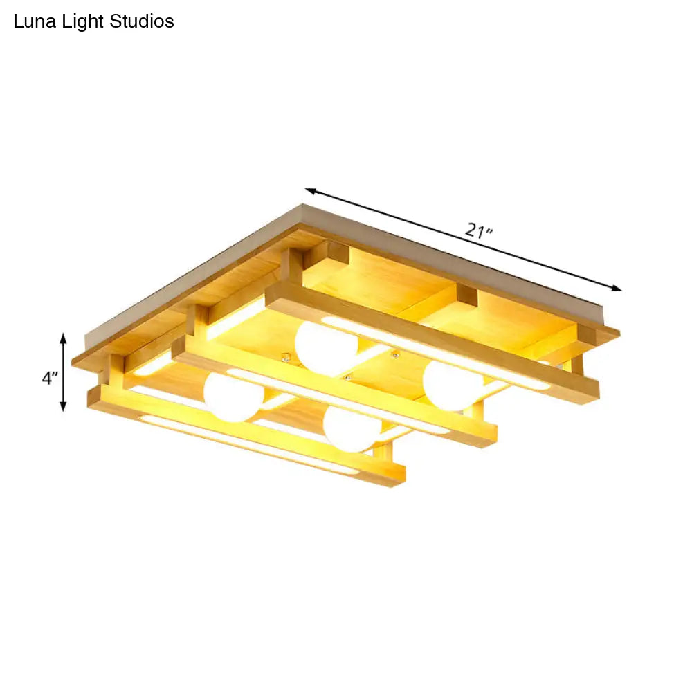 DecorBites™ DecorBites™ Modern Square Wood Flush Mount Lamp with LED Lights - Brown Flush Mount Ceiling Light Fixture with White Glass Ball Shade in White/Warm Light