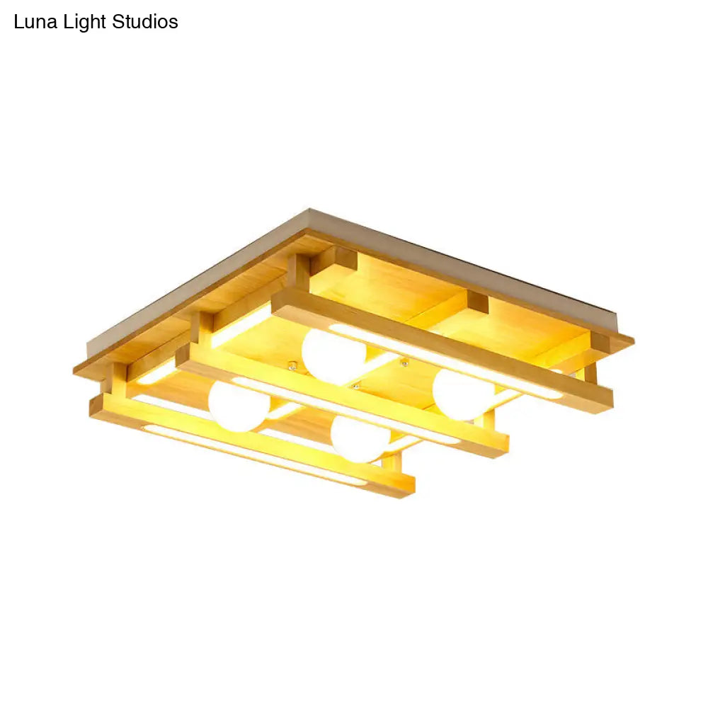 DecorBites™ DecorBites™ Modern Square Wood Flush Mount Lamp with LED Lights - Brown Flush Mount Ceiling Light Fixture with White Glass Ball Shade in White/Warm Light