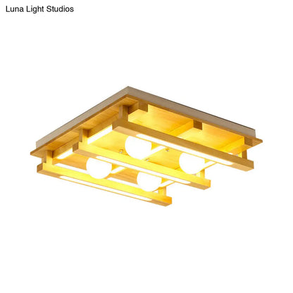 DecorBites™ DecorBites™ Modern Square Wood Flush Mount Lamp with LED Lights - Brown Flush Mount Ceiling Light Fixture with White Glass Ball Shade in White/Warm Light