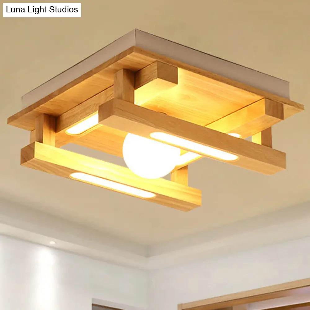 DecorBites™ DecorBites™ Modern Square Wood Flush Mount Lamp with LED Lights - Brown Flush Mount Ceiling Light Fixture with White Glass Ball Shade in White/Warm Light