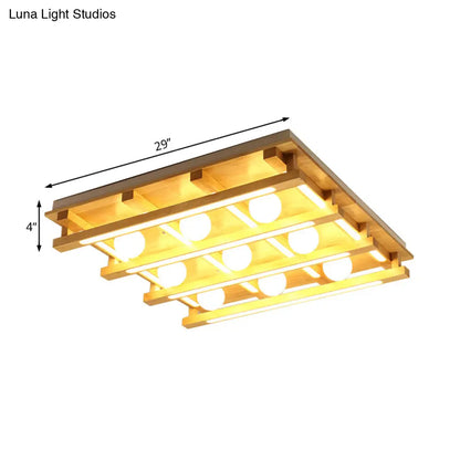 DecorBites™ DecorBites™ Modern Square Wood Flush Mount Lamp with LED Lights - Brown Flush Mount Ceiling Light Fixture with White Glass Ball Shade in White/Warm Light