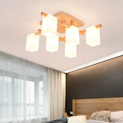 Modern rectangular ceiling light with warm wood frame and white glass shade for living room by decorbites