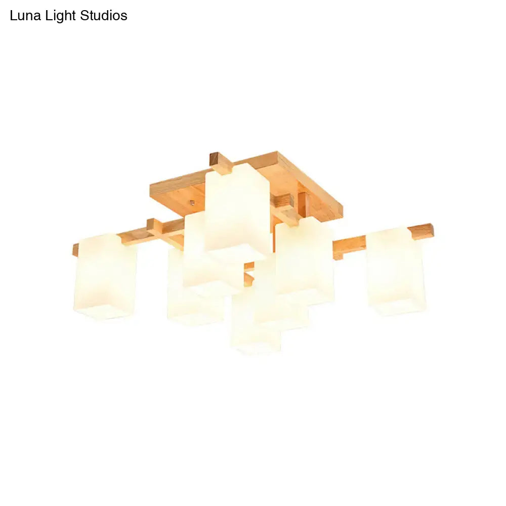 Modern wood semi flush mount chandelier with square design and white glass shade for living room lighting