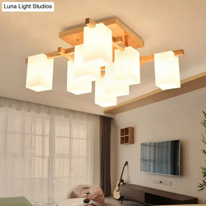 Decorbites modern wood living room semi flush mount chandelier with warm white glass shade and natural wood frame