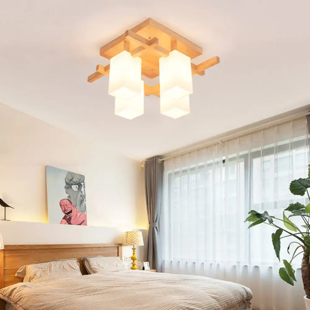 DecorBites modern wood semi flush mount chandelier with square frame and four white glass shades for living room