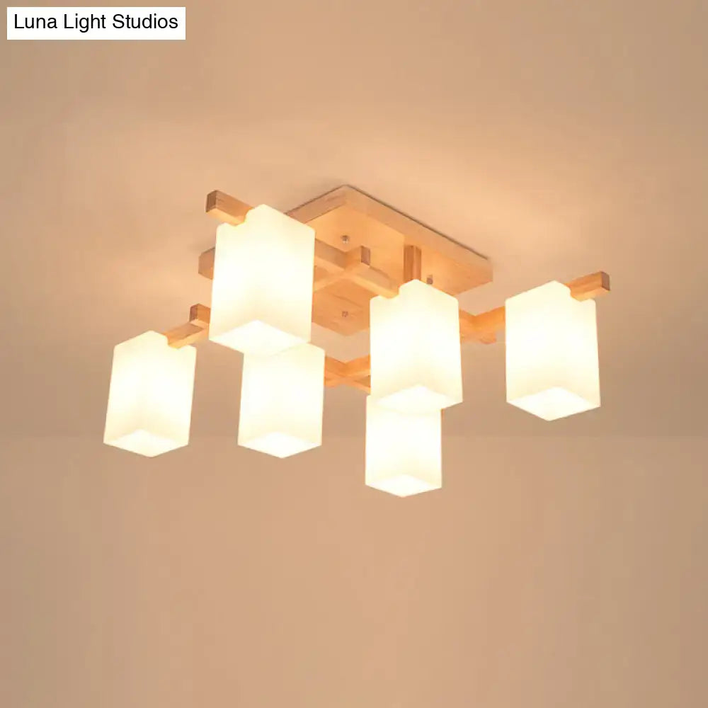 Decorbites modern wood living room semi flush mount chandelier with five frosted white glass rectangular shades