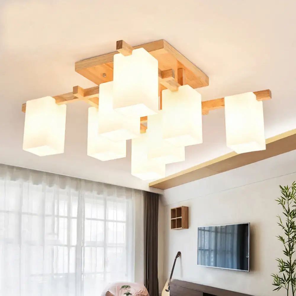 Modern wood living room semi flush mount chandelier with white glass shade and frosted rectangular glass shades