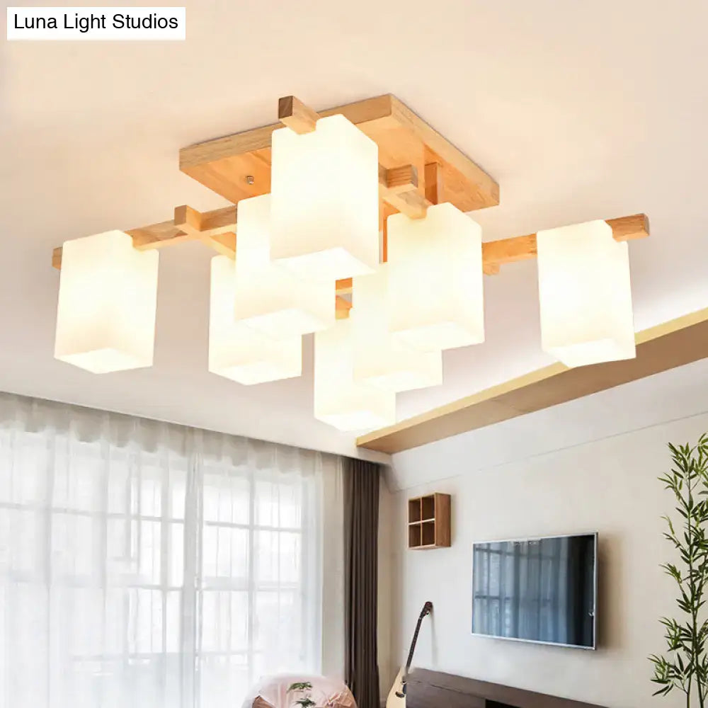 DecorBites modern wood ceiling light with frosted white glass shade and square design for living room use