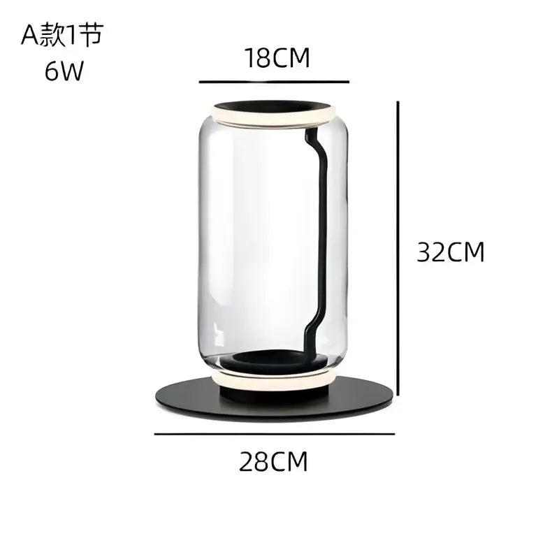 Clear glass cylindrical vase with black rim and base featured on modern stacked glass led floor lamp for living room lighting