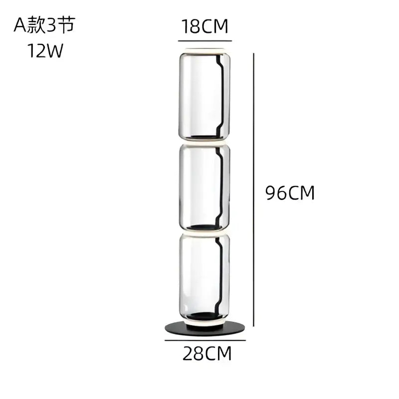 Modern stacked glass led floor lamp with three cylindrical sections and black base for elegant living room lighting