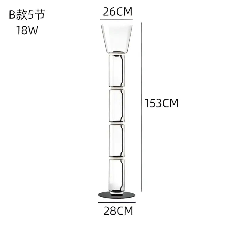 A tall modern stacked glass led floor lamp with a sleek segmented design and black circular base for living room lighting
