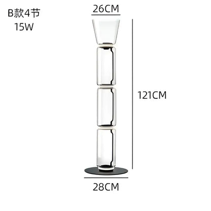 Modern stacked glass led floor lamp featuring a tall transparent glass candle holder with a black base for living room lighting