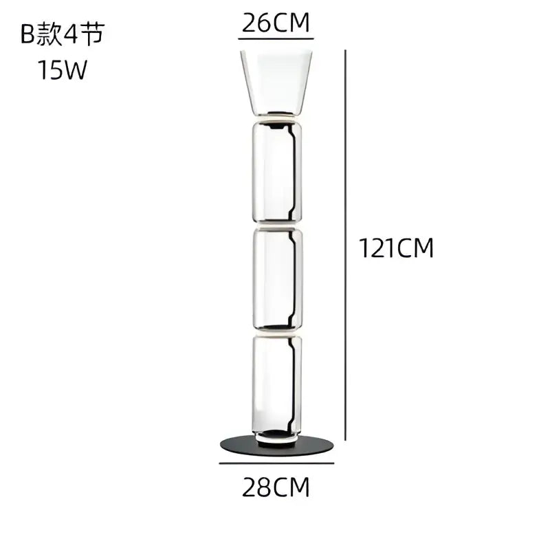 Modern stacked glass led floor lamp featuring a tall transparent glass candle holder with a black base for living room lighting
