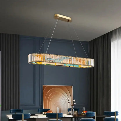 Modern pendant chandelier with gold-toned frame and faceted crystal panels for decorbites circle steel led living room use