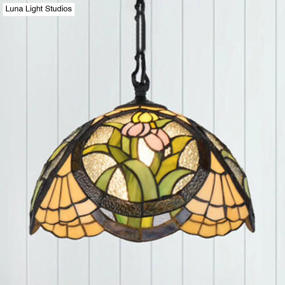 Modern Stained Glass Tiffany Suspension Lamp - Black, Shell, Leaf, Butterfly Design - Ideal for Dining Room - 1 Bulb Ceiling Light