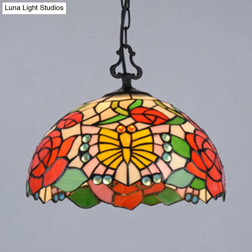 Modern Stained Glass Tiffany Suspension Lamp - Black, Shell, Leaf, Butterfly Design - Ideal for Dining Room - 1 Bulb Ceiling Light