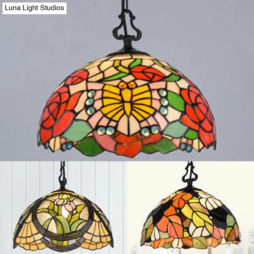 Modern Stained Glass Tiffany Suspension Lamp - Black, Shell, Leaf, Butterfly Design - Ideal for Dining Room - 1 Bulb Ceiling Light