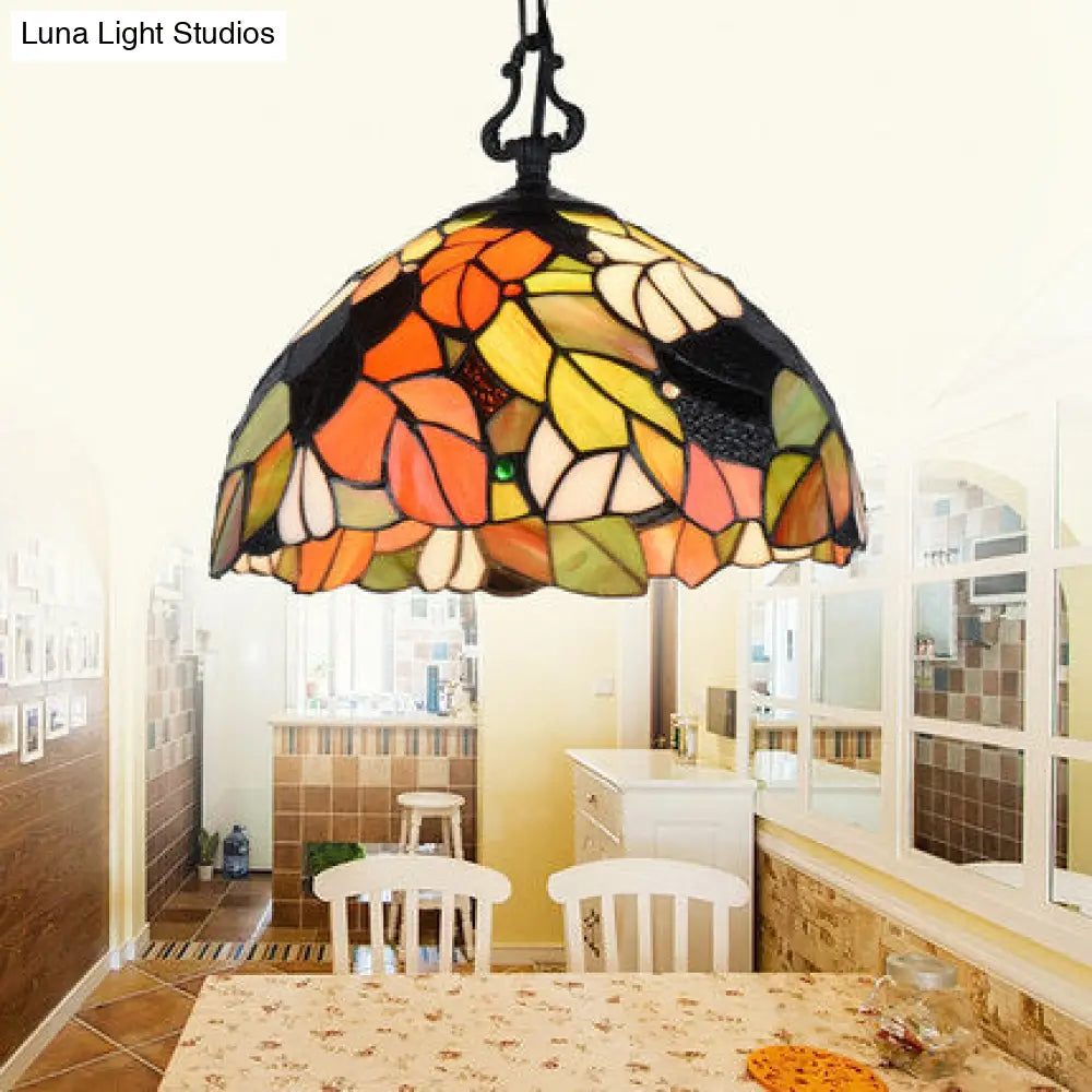 Modern Stained Glass Tiffany Suspension Lamp - Black, Shell, Leaf, Butterfly Design - Ideal for Dining Room - 1 Bulb Ceiling Light