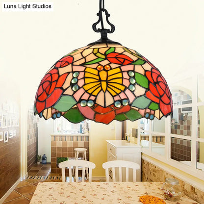 Modern Stained Glass Tiffany Suspension Lamp - Black, Shell, Leaf, Butterfly Design - Ideal for Dining Room - 1 Bulb Ceiling Light