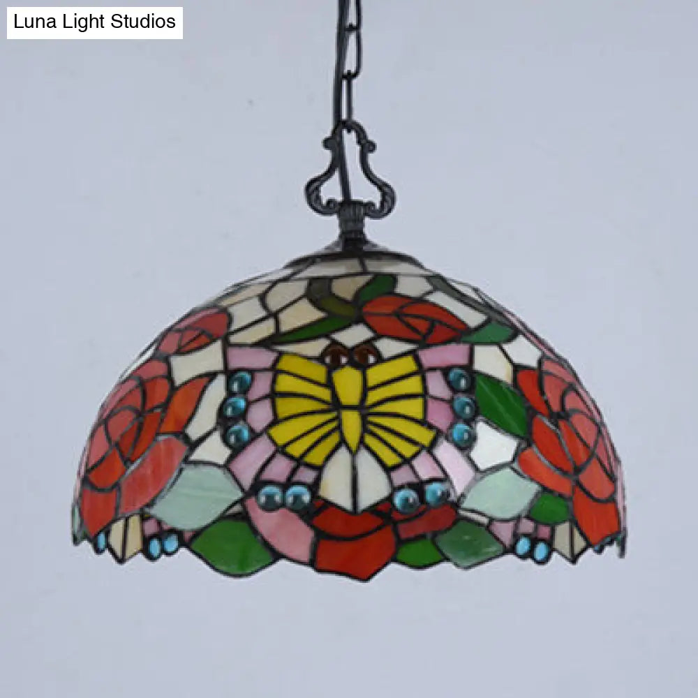 Modern Stained Glass Tiffany Suspension Lamp - Black, Shell, Leaf, Butterfly Design - Ideal for Dining Room - 1 Bulb Ceiling Light