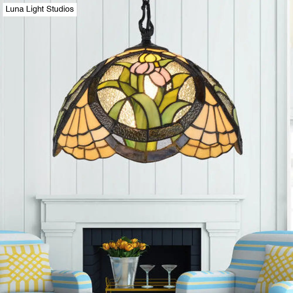 Modern Stained Glass Tiffany Suspension Lamp - Black, Shell, Leaf, Butterfly Design - Ideal for Dining Room - 1 Bulb Ceiling Light