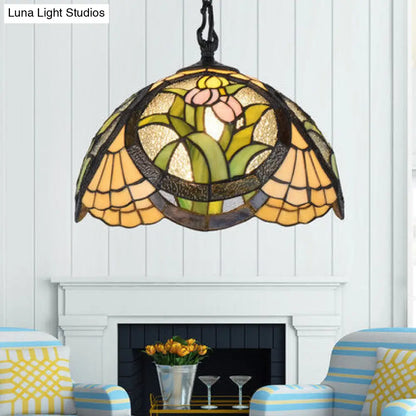 Modern Stained Glass Tiffany Suspension Lamp - Black, Shell, Leaf, Butterfly Design - Ideal for Dining Room - 1 Bulb Ceiling Light