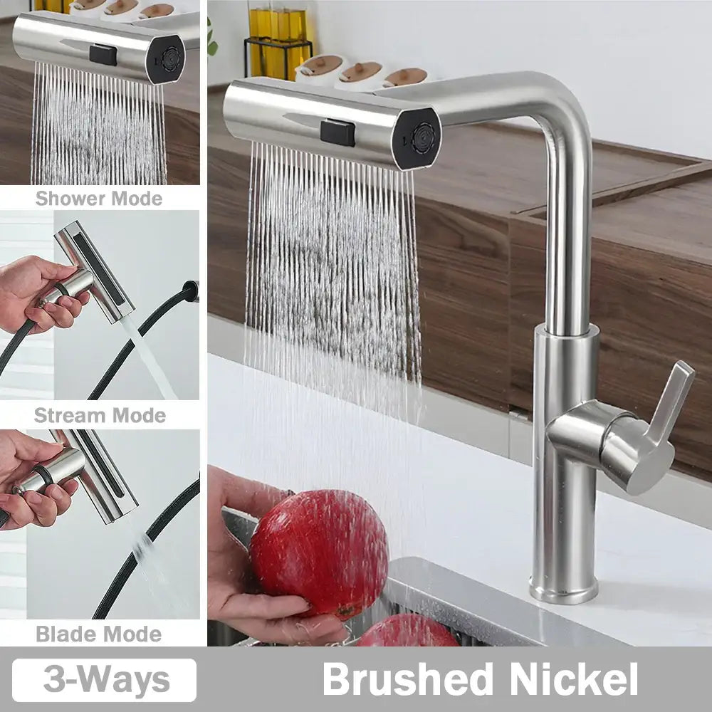 Modern stainless steel brushed nickel kitchen faucet mixer tap with pull-down spray head and three functions water flow modes