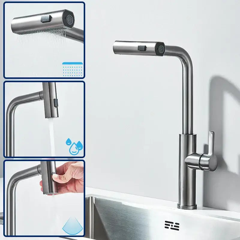 Modern stainless steel kitchen faucet mixer tap in brushed finish with sleek curved spout and pull-down spray head functions kitchen faucet