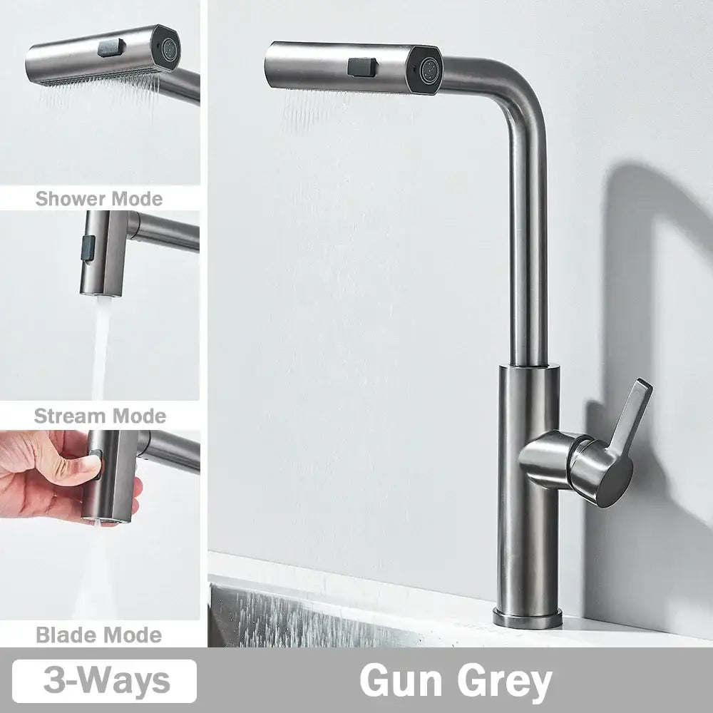 Gun grey stainless steel kitchen faucet with sleek modern design and three spray modes functions kitchen faucet