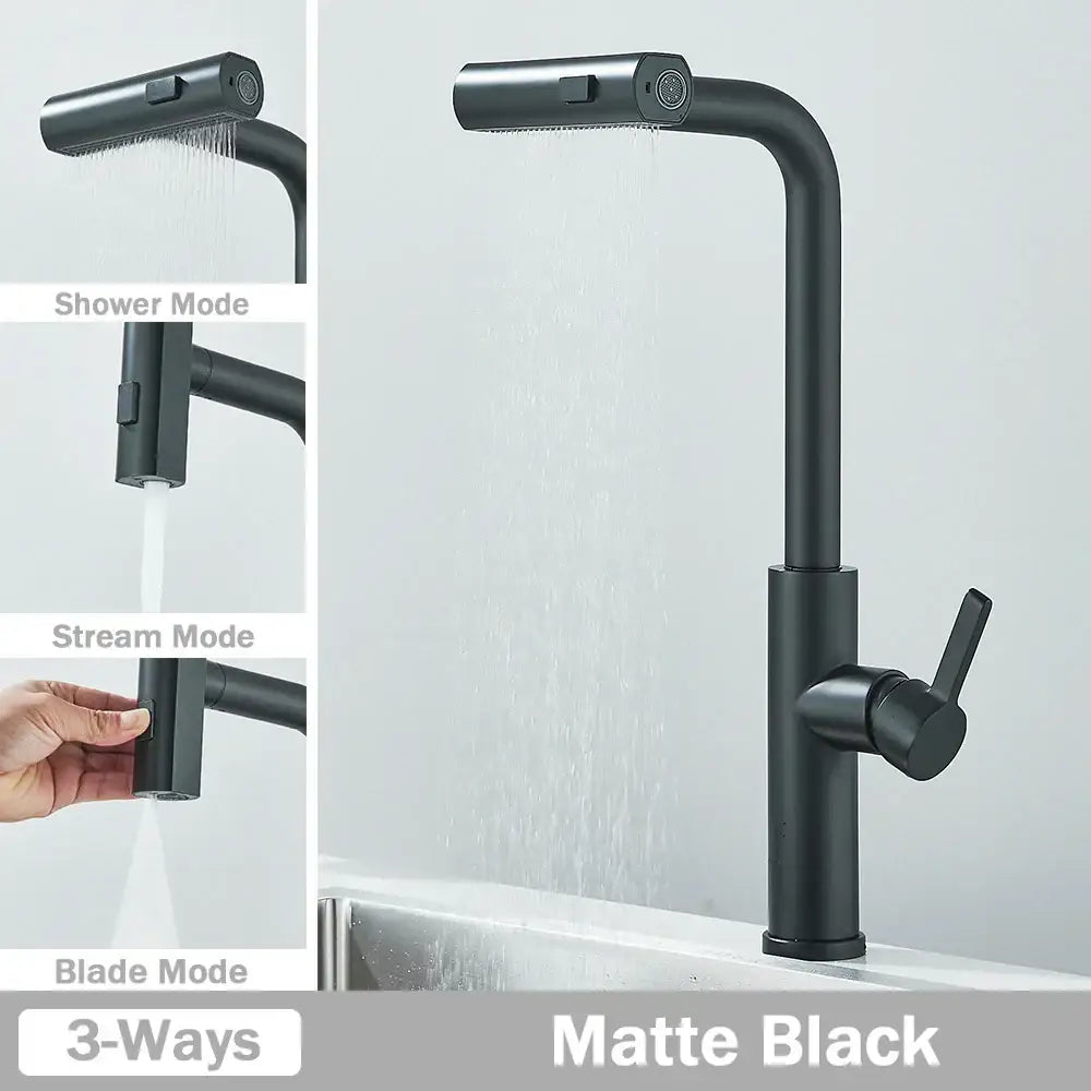 Matte black stainless steel functions kitchen faucet with sleek modern design and three spray modes for kitchen use