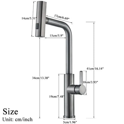 Modern matte black stainless steel kitchen faucet mixer tap with sleek curved spout and integrated pull-down spray head functions