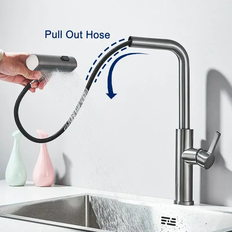 Modern stainless steel 3 functions kitchen faucet mixer tap with flexible black hose and spray head for kitchen use