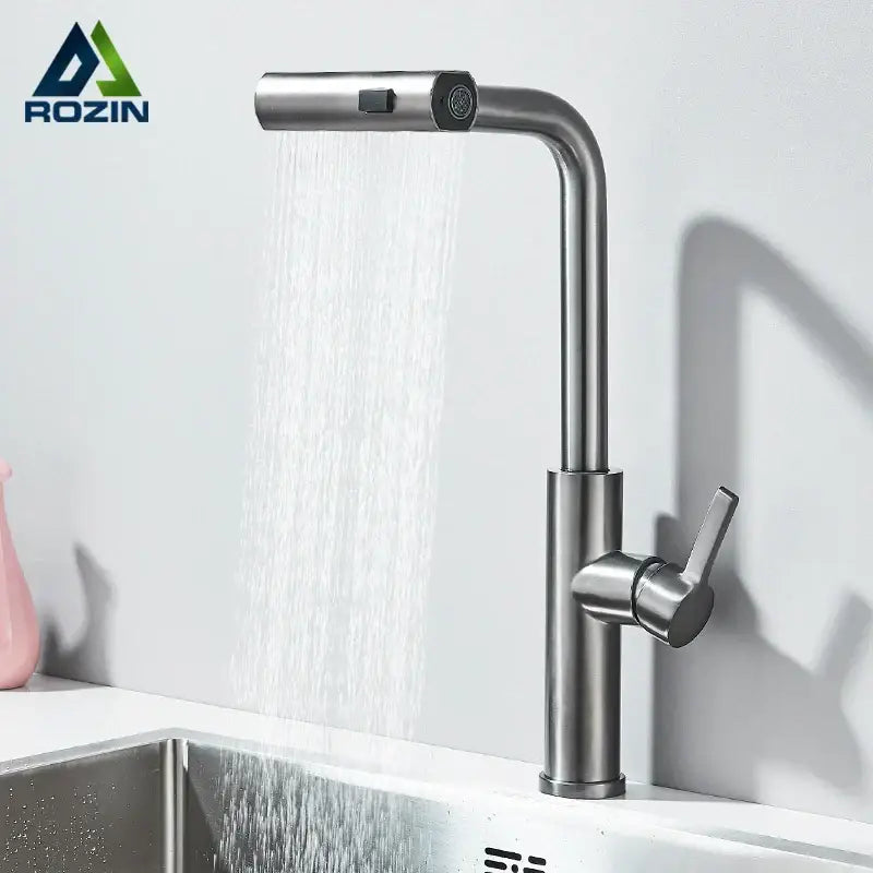 Modern stainless steel functions kitchen faucet with sleek design and pull-down spray head for versatile use