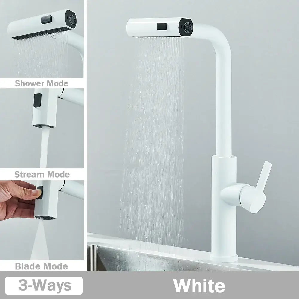 Modern stainless steel white kitchen faucet with sleek curved design and three spray modes functions kitchen faucet