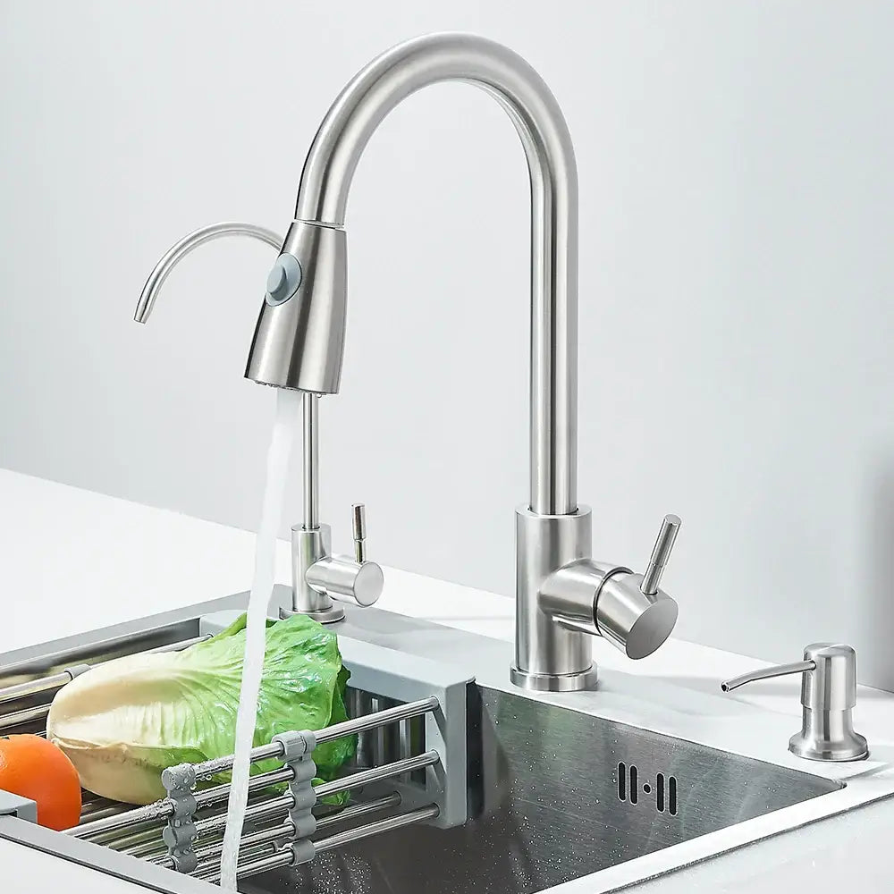 Modern stainless steel 55x45cm sink kit with sleek curved spout kitchen faucet and pull-down spray head