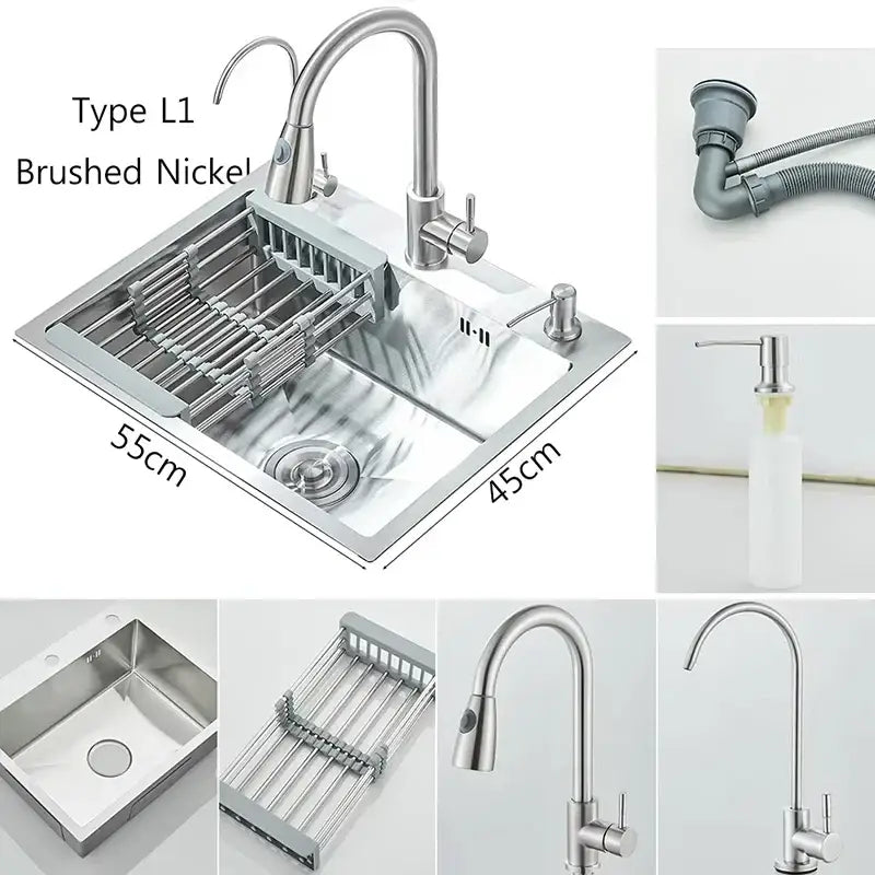 Modern stainless steel 55x45cm kitchen sink kit in brushed nickel with integrated dish rack and faucet